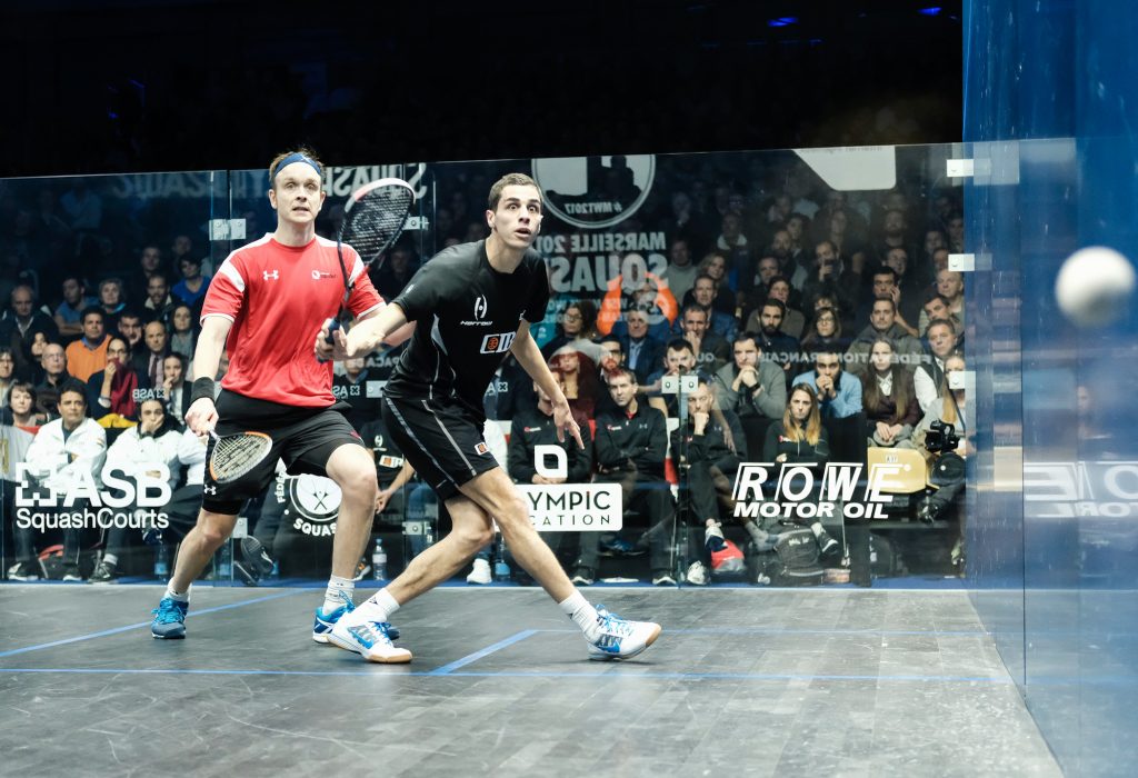 James Willstrop of England and Ali Farag of Egypt go head-to-head during the 2017 WSF Men’s World Team Squash Championship final in Marseille, France.